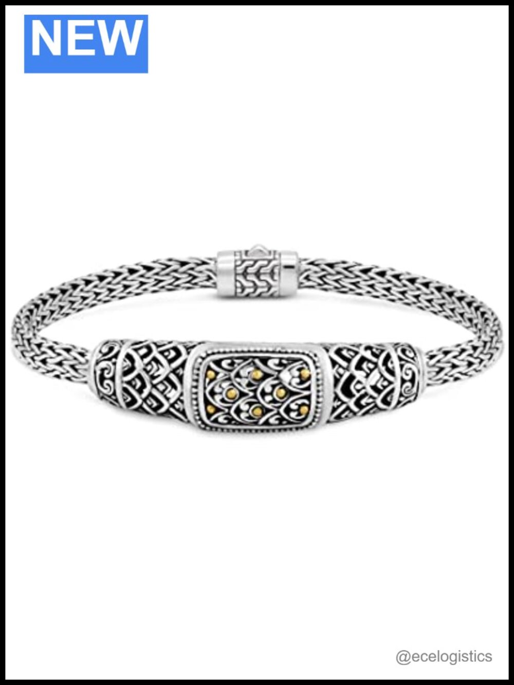 Sterling Silver 925 & 18K Gold Bali Dragon Bone Chain Bracelet